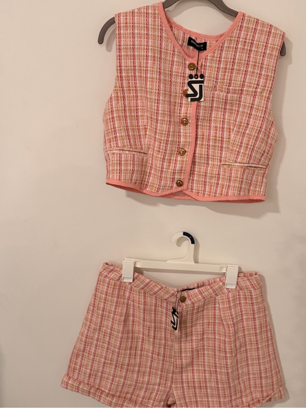 Shane Justin Pink Plaid Womens Shorts Set - Sleeveless Vest & High-Waist Shorts